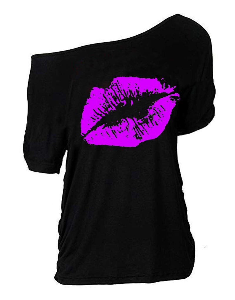 MAGICMK Women Casual Plus Size Lips Print Off Shoulder T-Shirt (L, Black+Purple) - Image 1